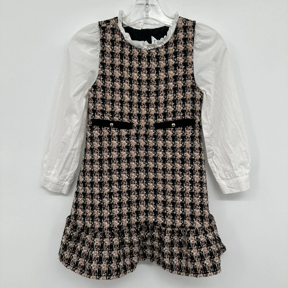 Janie &‎ Jack Tweed Ruffle Dress Girls Size 4 Lined Preppy Houndstooth Holiday
